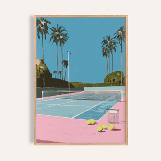 Framed print of tropical tennis court with pink ground and blue sky in minimalist style