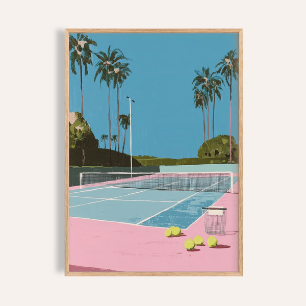 Across the court, Tropical Tennis Wall Art print with palm trees, net, and tennis balls