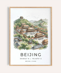 Illustrated Beijing Wall Art poster showing palace complex and distant wall
