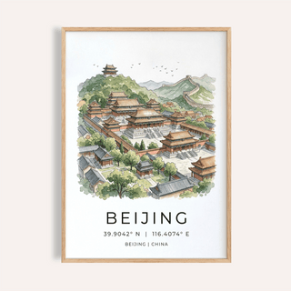 Illustrated Beijing Wall Art poster showing palace complex and distant wall