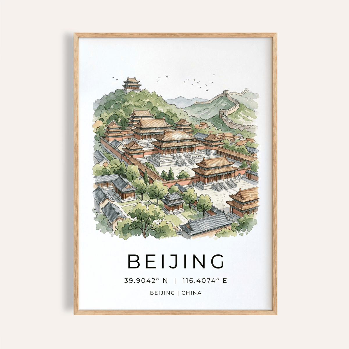 Illustrated Beijing Wall Art poster showing palace complex and distant wall