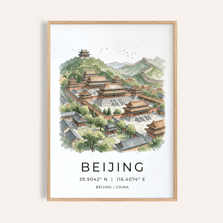 Illustrated Beijing Wall Art poster showing palace complex and distant wall