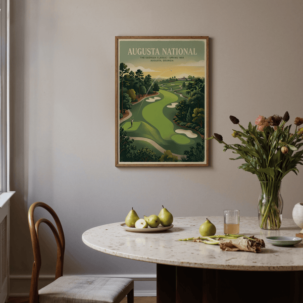 Captured as a retro-style golf course wall art print with S-curve fairway composition