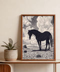 Monochrome equine poster with stippled body and layered clouds