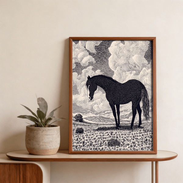 Monochrome equine poster with stippled body and layered clouds