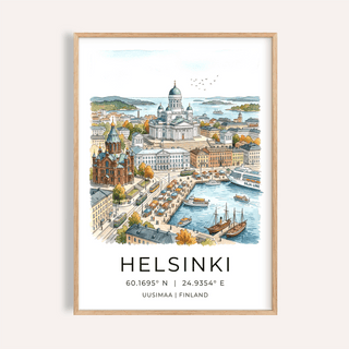 Overview of Helsinki Watercolor Art Print poster with harbor, cathedral domes, and location text