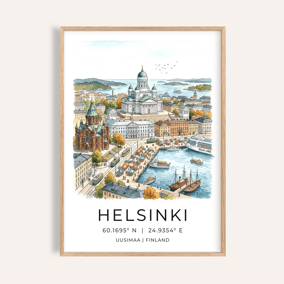 Overview of Helsinki Watercolor Art Print poster with harbor, cathedral domes, and location text