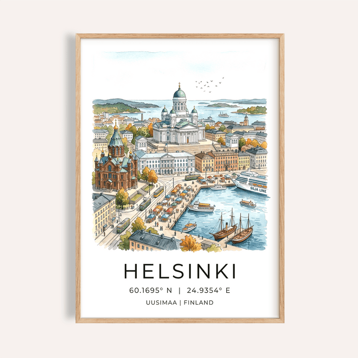 Overview of Helsinki Watercolor Art Print poster with harbor, cathedral domes, and location text