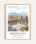 Illustrated Mexico City plaza poster with cathedral and distant volcanoes wall art