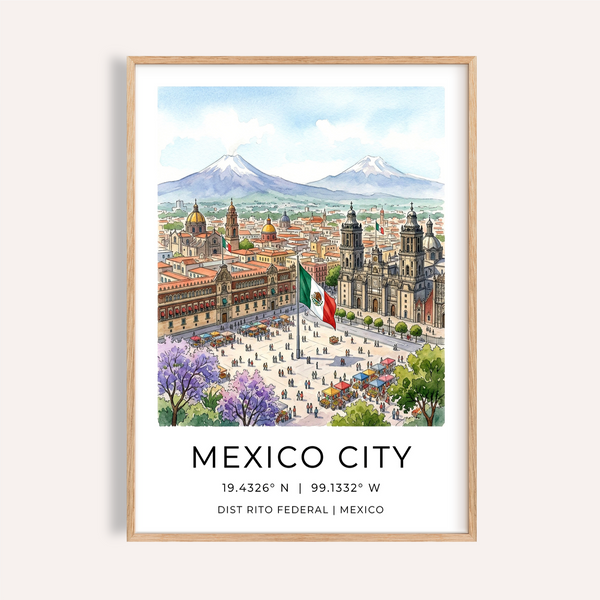 Illustrated Mexico City plaza poster with cathedral and distant volcanoes wall art
