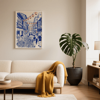 Japanese Street Market Art poster with Blue, Red, and White for dining room