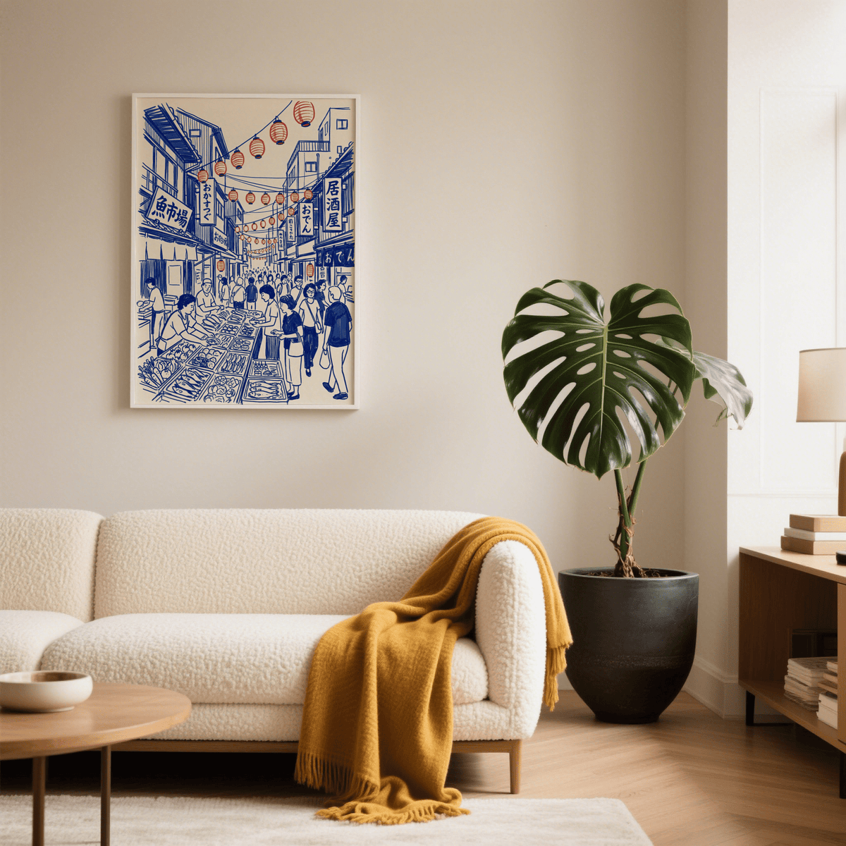Japanese Street Market Art poster with Blue, Red, and White for dining room