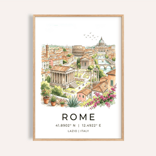 Framed Rome print from Italy Travel Wall Art showing a detailed watercolour cityscape with historic buildings