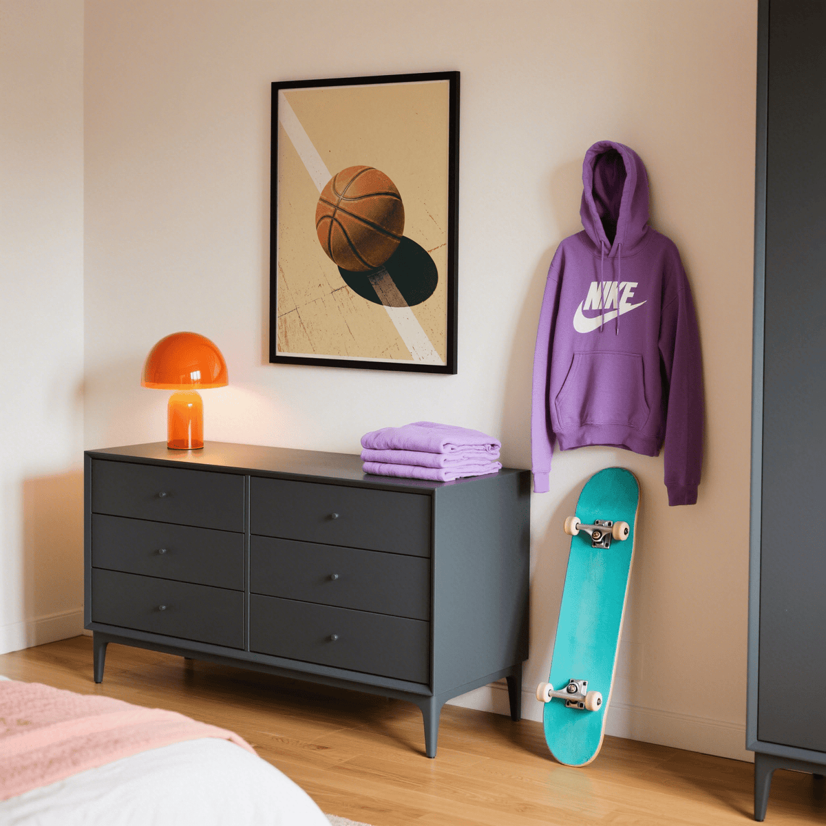 Minimal basketball wall art print with off-center ball, diagonal stripe, and worn court markings