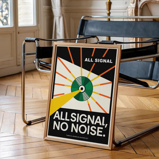 Vinyl record poster with geometric layout and striking yellow light ray.