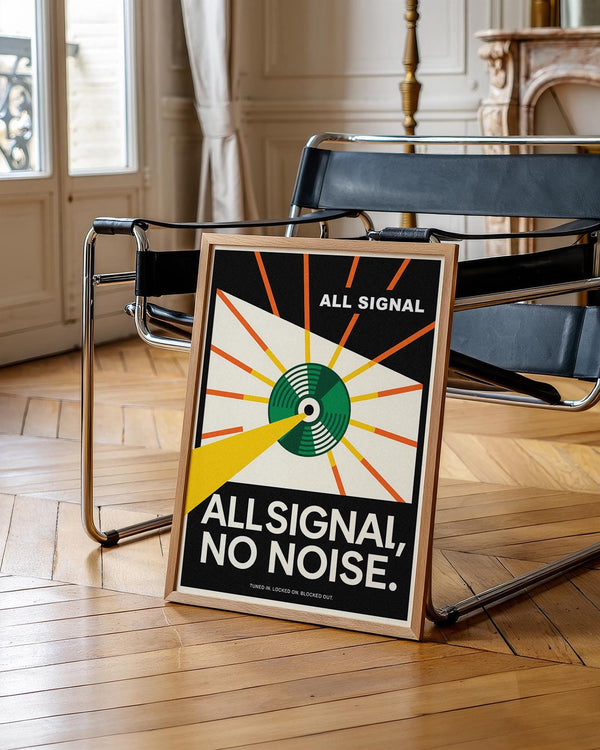 Vinyl record poster with geometric layout and striking yellow light ray.