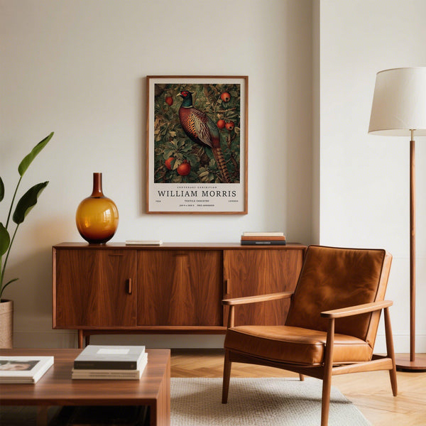 Rustic pheasant print featuring red fruit and William Morris-style leaves – Pheasant Wall Art.