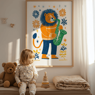 Saxophone Lion Art Print, multicolored lion, children's bedroom wall art