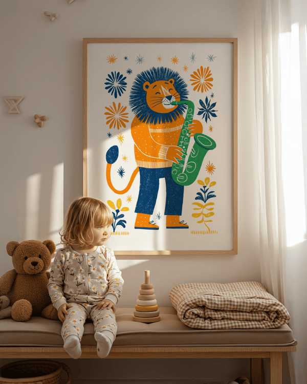 Saxophone Lion Art Print, multicolored lion, children's bedroom wall art