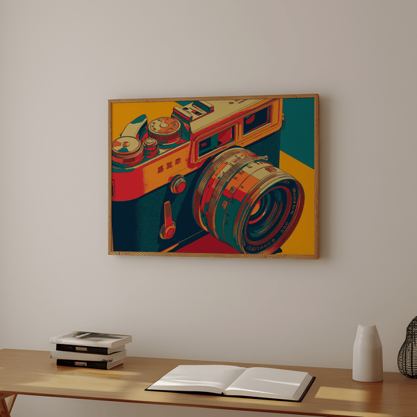 Vintage Camera Wall Art poster print for art-themed bedroom, Red and Blue colors