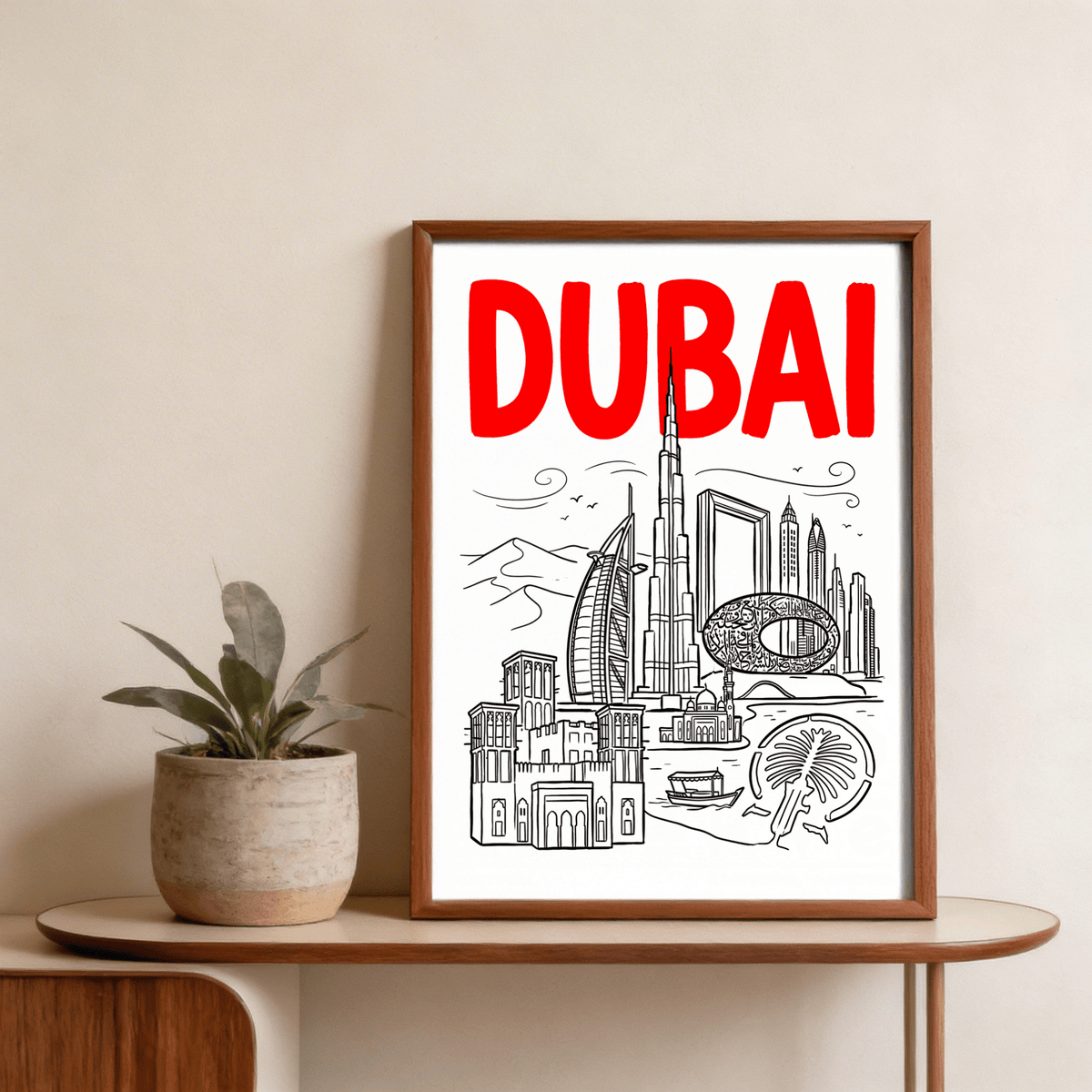 Close view of dhow boat and waterfront details under stylized skyline
