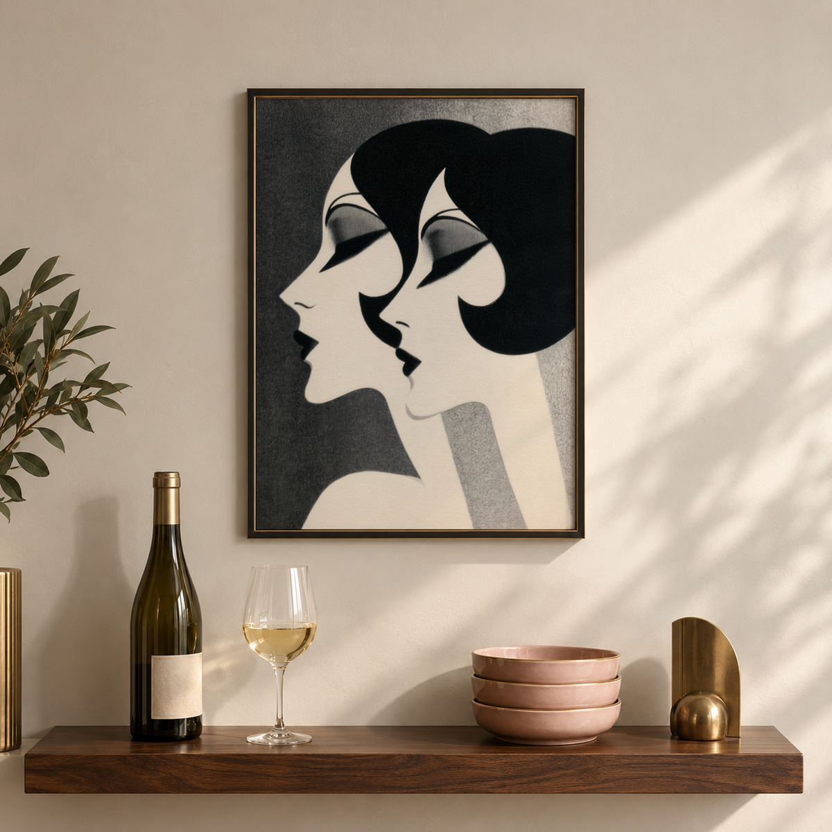 Illustrating layered side-view faces, graphic portrait print with textured background and central motif