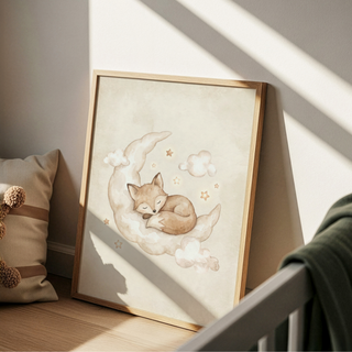 Soft nursery poster of a sleeping fox curled on a crescent moon with scattered stars