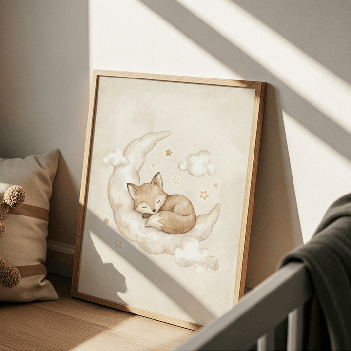 Print leaning on a floor with a sleeping fox on a crescent moon in soft brown and cream colours near a pillow