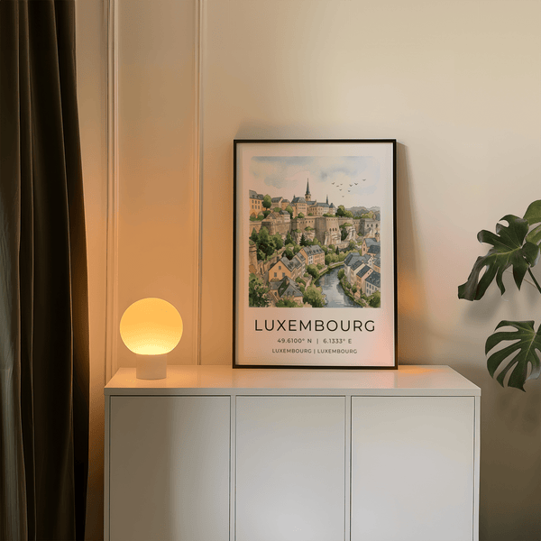 Luxembourg City Wall Art featuring a watercolor skyline and coordinate caption