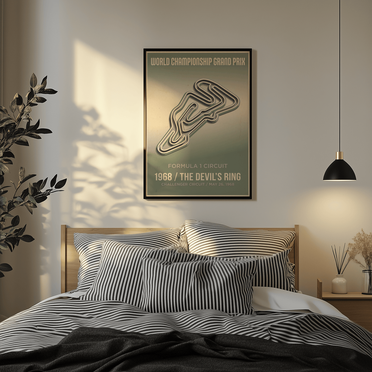 Featuring layered track lines, racing circuit wall art print with “Formula 1 Circuit” title and “The Devil’s Ring” text