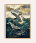 Ocean Art Print with Blue and Gold whales for living room wall art