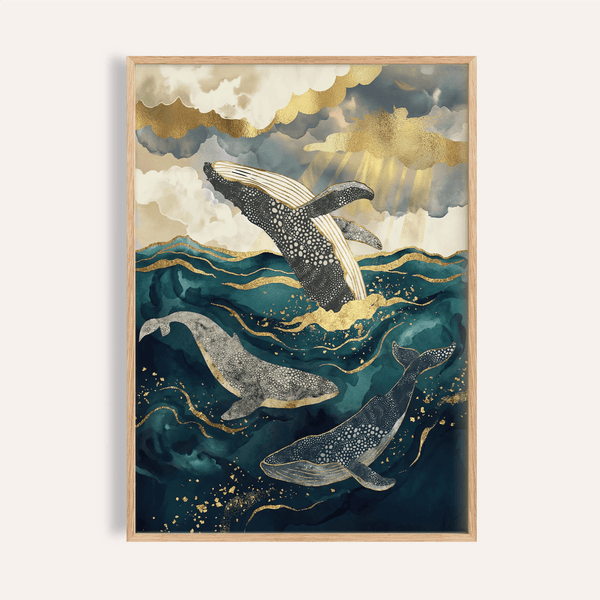 Ocean Art Print with Blue and Gold whales for living room wall art