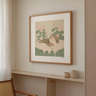 Minimalist Japanese posters featuring cat and flowers for Japandi homes