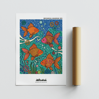 Framing whimsical aquarium poster print with seaweed curls, bubble clusters, and fish scales