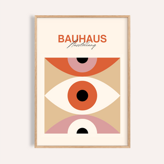 Framed close-up of minimalist eye art with orange and pink abstract shapes