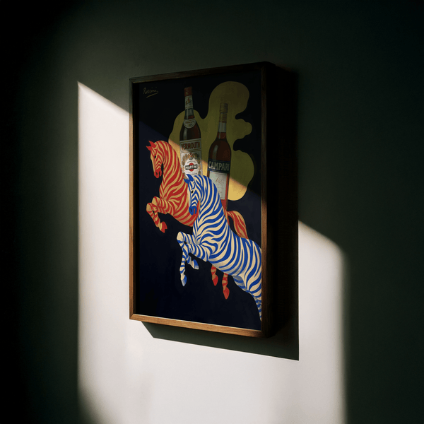 Vintage Beverage Art with red and blue zebras for creative home office wall art