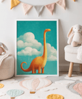Dinosaur themed Nursery Room Poster, orange blue for nursery print