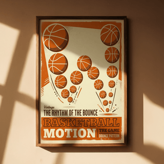 Orange and Beige basketball poster print with varied ball sizes and negative space layout
