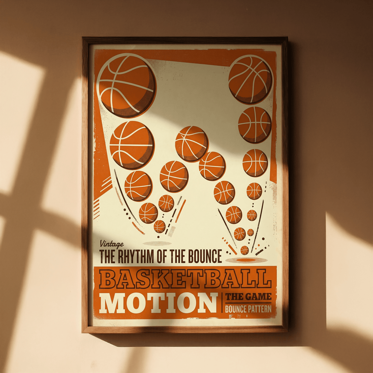 Orange and Beige basketball poster print with varied ball sizes and negative space layout