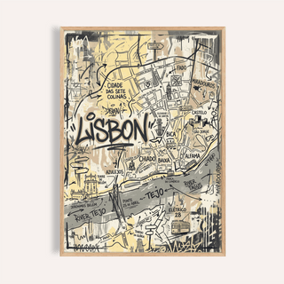 Graphic Lisbon Map Art Print poster with hand-drawn streets and bold Lisbon lettering