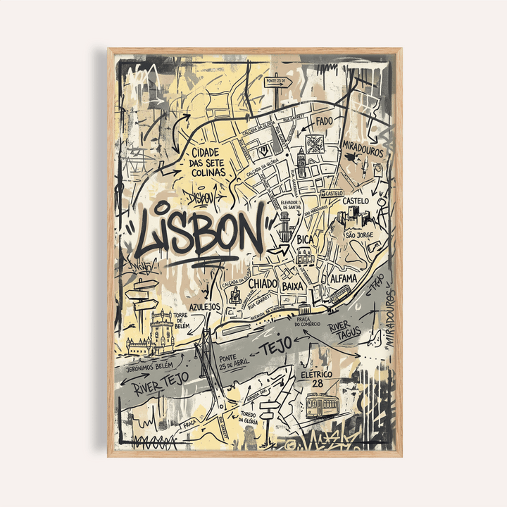 Graphic Lisbon Map Art Print poster with hand-drawn streets and bold Lisbon lettering