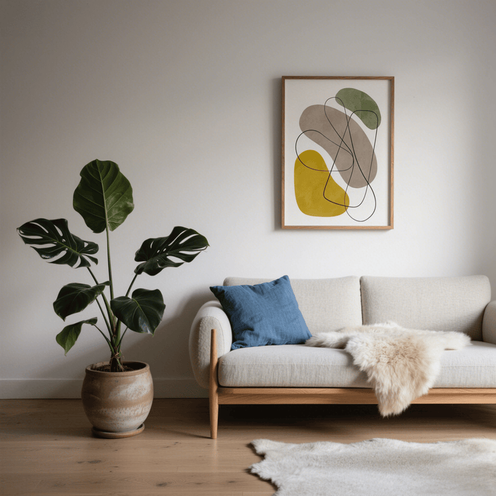 Geometric abstract poster with mustard yellow, olive and grey shapes above a sofa with a blue cushion and a plant