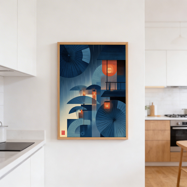 Textured geometric umbrella poster with window rectangles and lantern motif