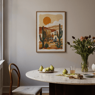 Desert Wagon Art Print highlighting blue, orange, green for rustic dining room art print