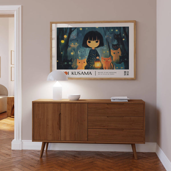 Horizontal Kusama-style anime girl poster with soft glow