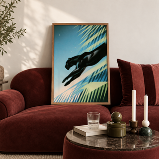 Graphic panther poster print with star-like dots and sweeping diagonal leaves