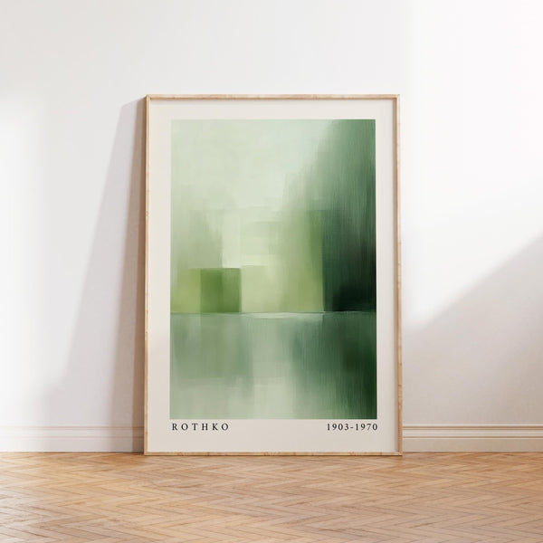 Green abstract wall art in olive tones inspired by Mark Rothko’s color field work.