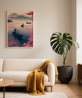 Illustrated fishing boat poster with mountains in the distance and floating petals