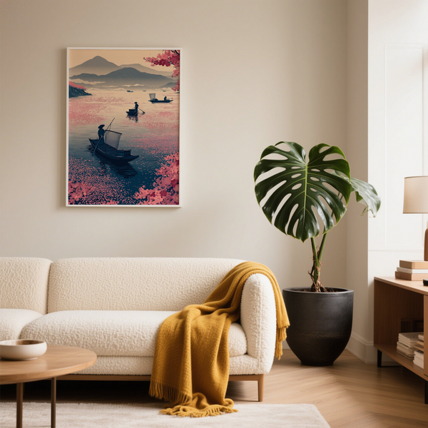 Illustrated fishing boat poster with mountains in the distance and floating petals