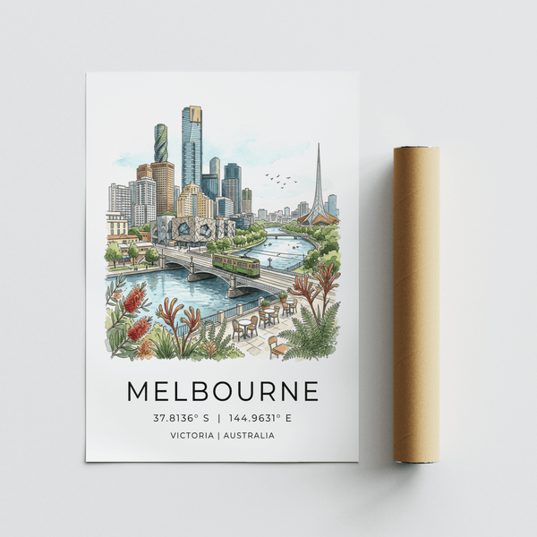 Minimal text Melbourne City Art Print with coordinates and skyline scene